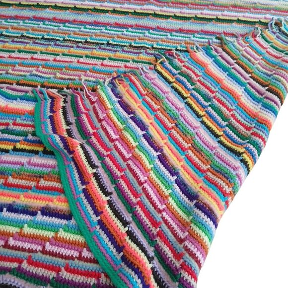 1980's Crochet Afghan Blanket Retro Rainbow Throw Fringe Ends Upcycled 67" x 52" - Picture 7 of 14
